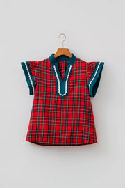Plaid V Neck Short Sleeve Shift Blouse in Deep Red, close-up detail