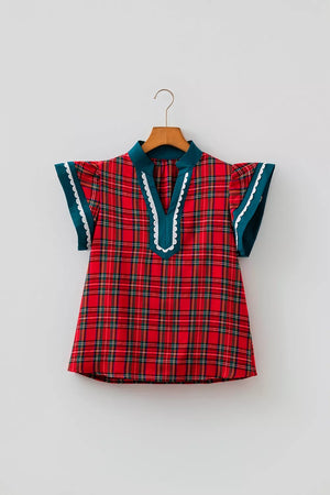 Plaid V Neck Short Sleeve Shift Blouse in Deep Red, close-up detail