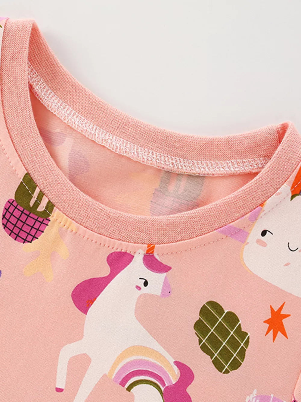 Pink cotton toddler dress with unicorn and rainbow print, crew neck