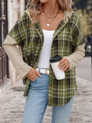 Colorblock plaid hooded shirt jacket in matcha green with contrast waffle knit sleeves.