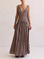 Tie-shoulder maxi dress with V-neck in brown and black stripes, adjustable straps