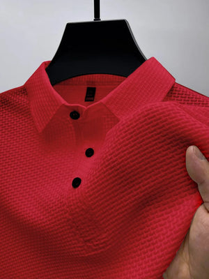 Deep Red textured weave polo shirt with maxi collar and black buttons.