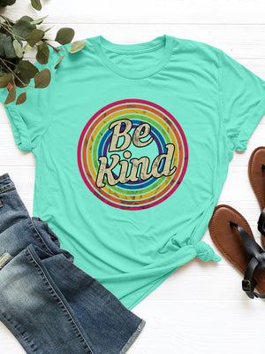 Tiffany Blue graphic tee with "Be Kind" text in a retro circle design