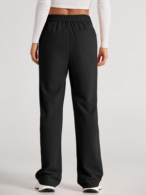 Black palazzo trousers with elastic waistband and back pockets.
