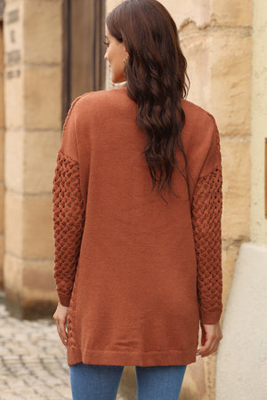 Textured open-knit pocket cardigan in caramel with open knit sleeves and side detail.