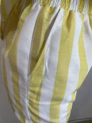 Yellow and white striped two-piece set shorts with pockets and elastic waistband.