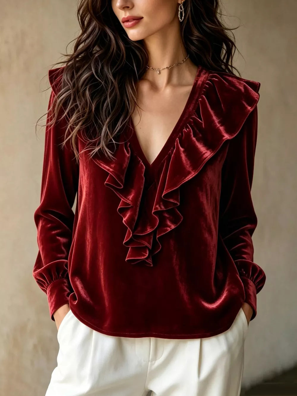 V-neck Long-sleeve Top in Sky Blue, model styling view