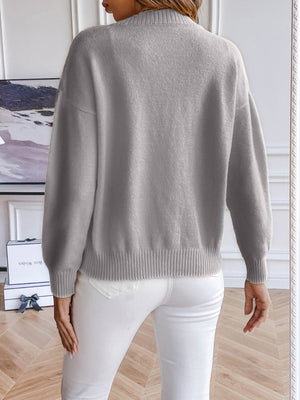 Dark Gray button-down cardigan with ribbed cuffs and hem, crew neck, long sleeves.