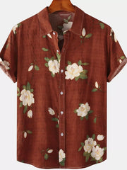 Men's Plus Size Floral Print Short Sleeve Shirt in Gold, model styling view