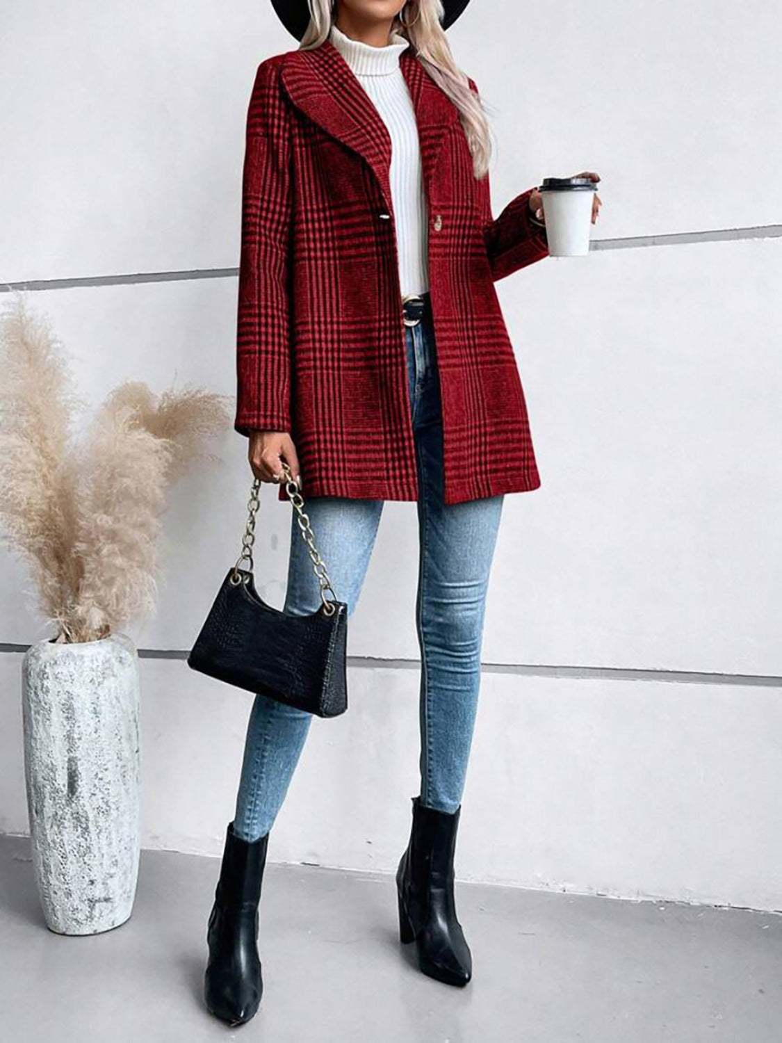 Crimson plaid single-button tailored overcoat with lapel collar and long sleeves.