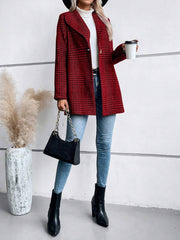 Crimson plaid single-button tailored overcoat with lapel collar and long sleeves.