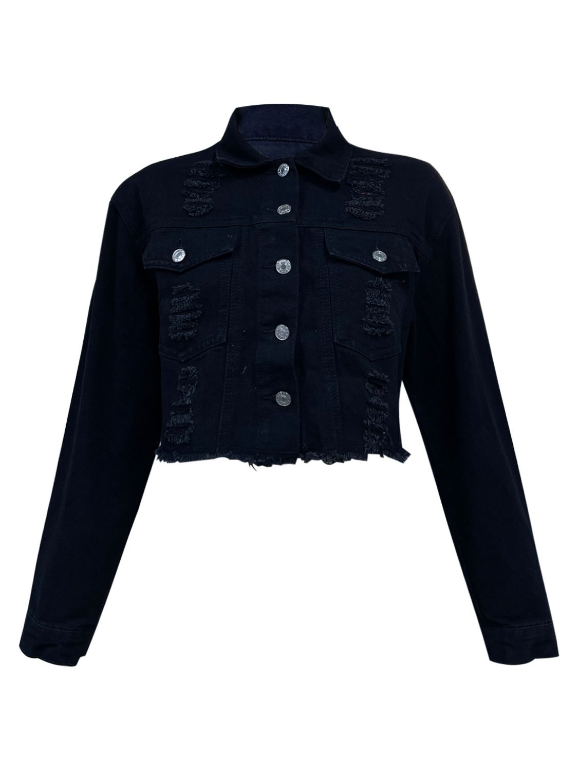 Black cropped distressed denim trucker jacket with frayed hem and collared neckline.