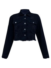 Black cropped distressed denim trucker jacket with frayed hem and collared neckline.