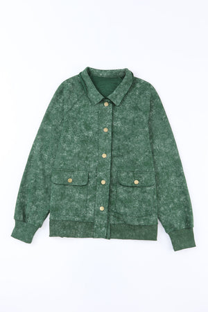 Green washed cotton utility jacket with two chest pockets and gold buttons.