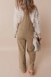 Corduroy wide-leg overalls in camel with two back pockets.