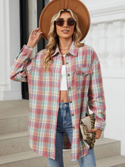 Oversized pastel plaid shacket with button front and chest pockets, worn open over a white top.