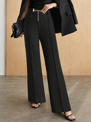 Black flared leg trousers with chain detail belt and front seams