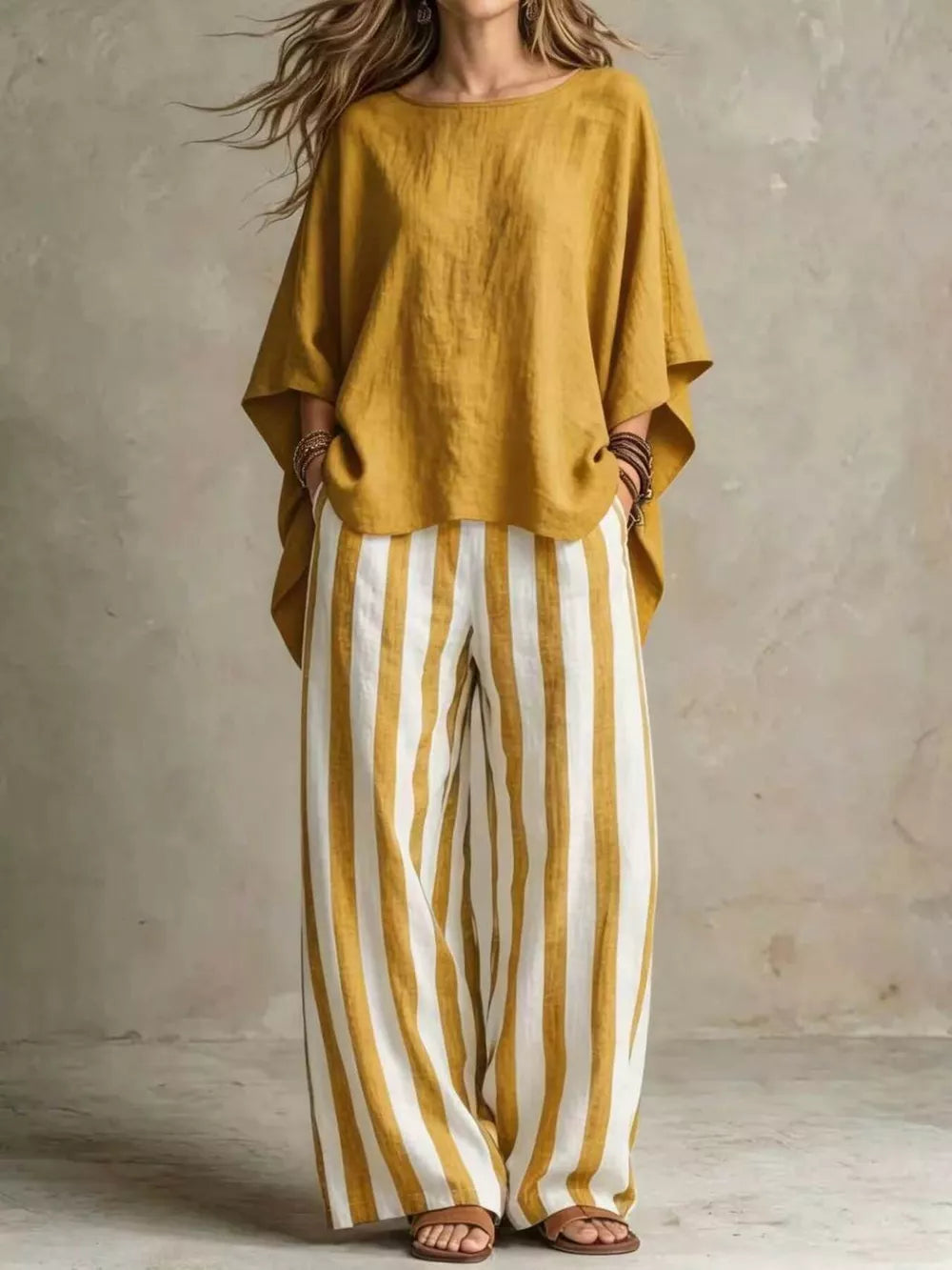 Solid Color Top And Pants Two-piece Set Plus Size, back view