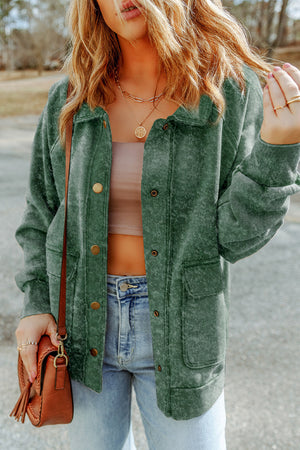Green washed cotton utility jacket with pockets and button front.
