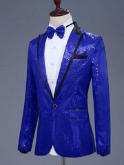 Men's blue sequin one button tuxedo blazer with black lapels and pocket trim.