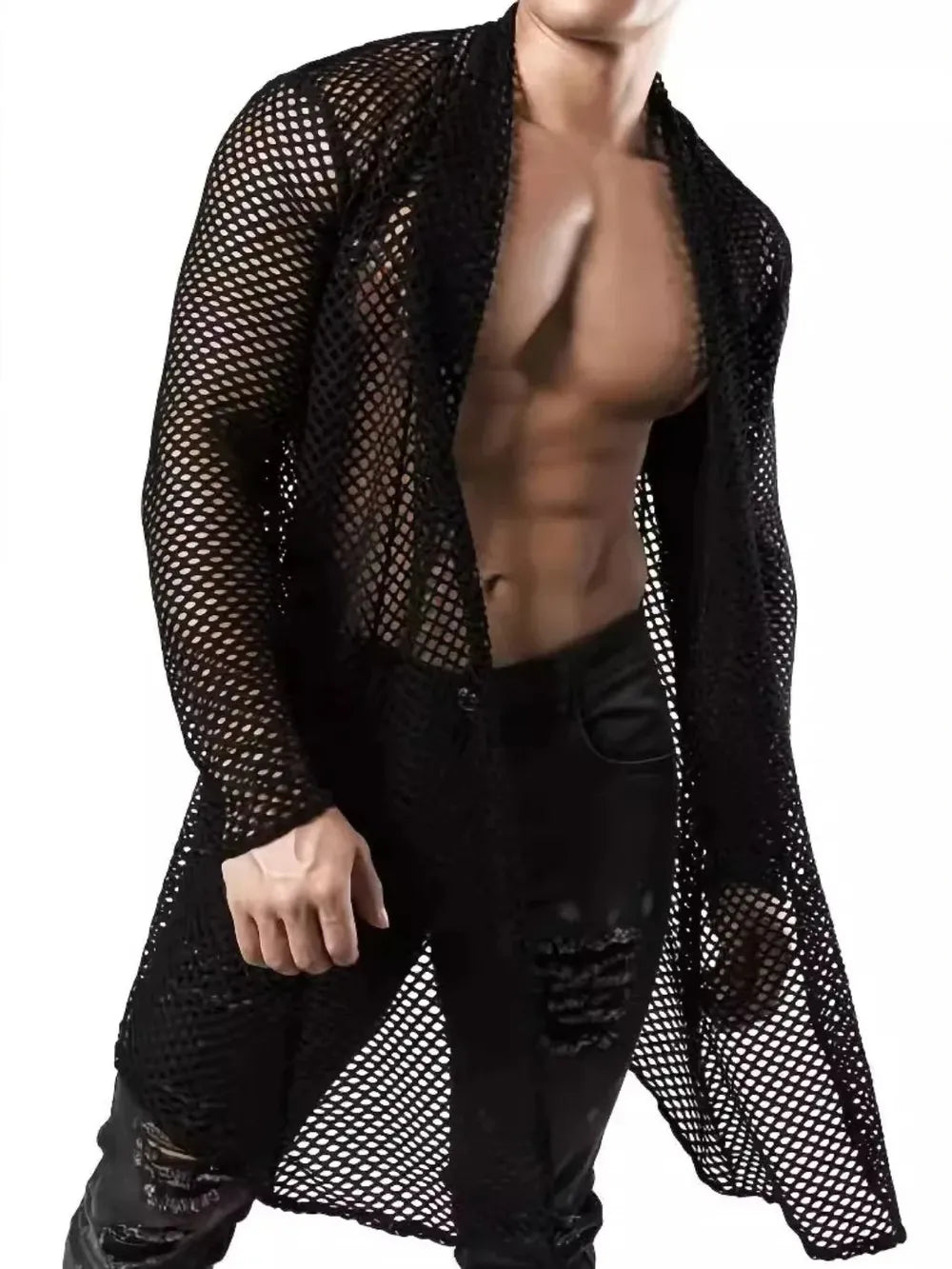 Black mesh panel long sleeve open front cardigan with a sheer, textured design.