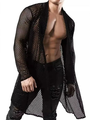 Black mesh panel long sleeve open front cardigan with a sheer, textured design.