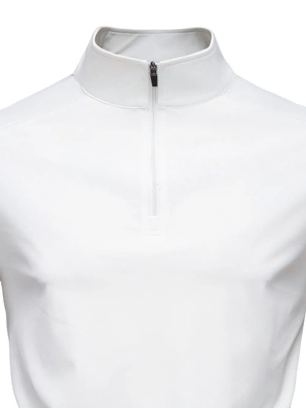 White performance zip-neck tee with structured shoulders and a stand-up collar.