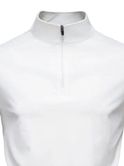 White performance zip-neck tee with structured shoulders and a stand-up collar.