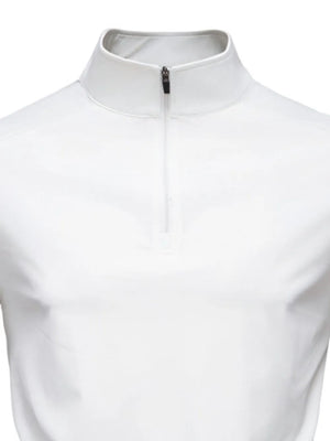 White performance zip-neck tee with structured shoulders and a stand-up collar.