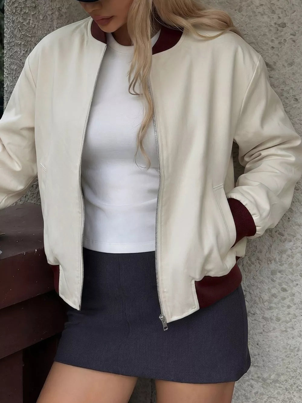Contrast Trim Zip Up Jacket in White, close-up detail