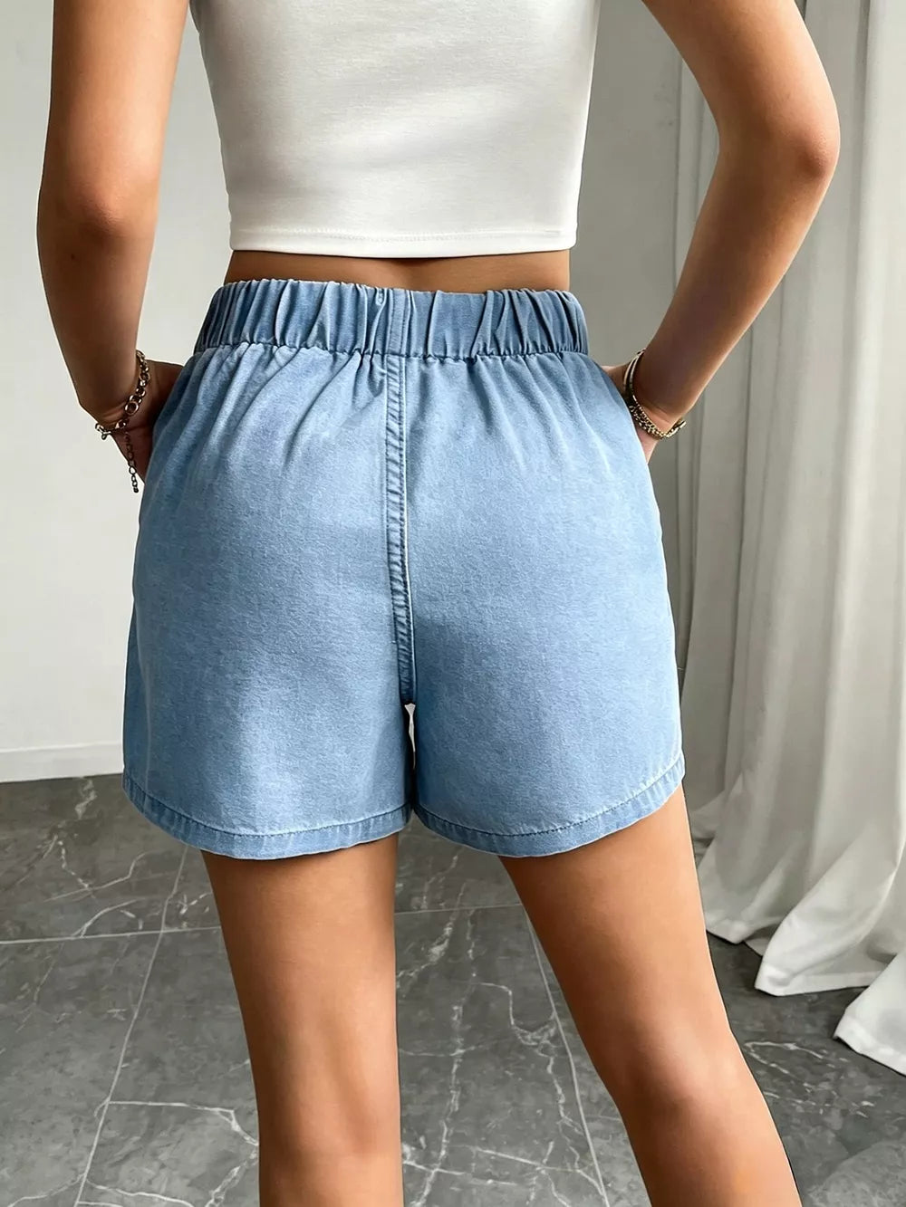 Drawstring High Waist Denim Shorts, fabric detail