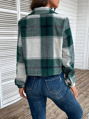 Green plaid cropped shirt jacket with statement collar and buttoned cuffs.