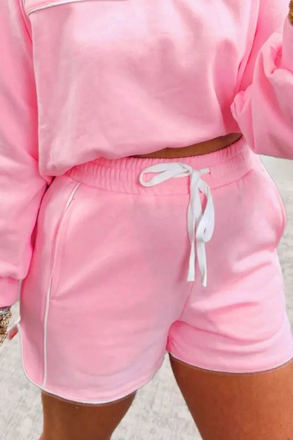 Piping Trim Long Sporty Pullover Shorts Set, close-up detail