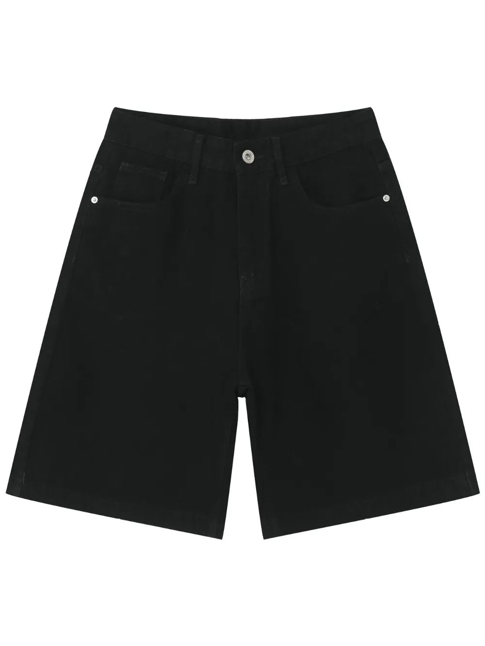 Black baggy denim bermuda shorts with button closure and washed effect.