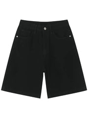 Black baggy denim bermuda shorts with button closure and washed effect.