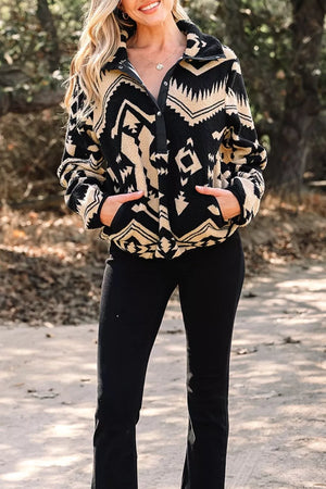 Aztec Print Fleece Snap Down Sweatshirt in Black, front view