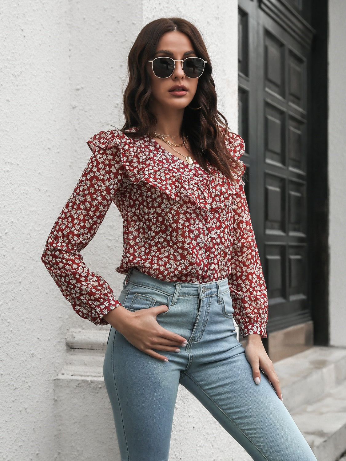 Deep red floral ruffle trim blouse with buttoned front and v-neck