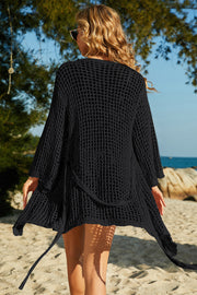 Black crochet bell-sleeve wrap cardigan with tie belt detail
