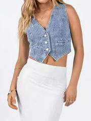 Light blue denim buttoned vest with a V-neck and cropped length.