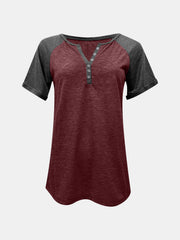 Burgundy raglan sleeve henley tee with button detail and grey sleeves