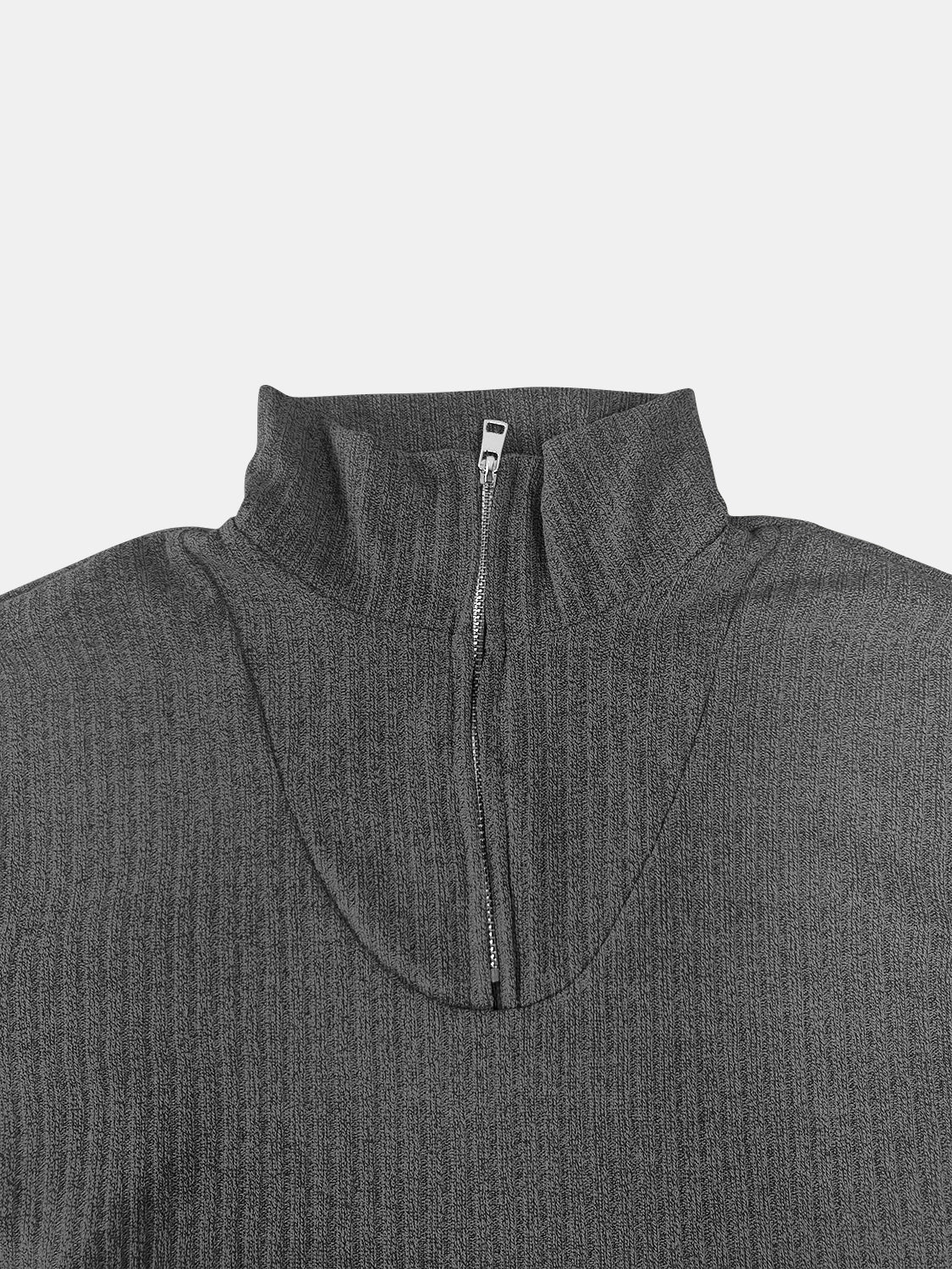 Dark gray ribbed knit quarter-zip pullover sweater with a mock neck.