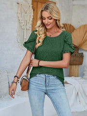 Dark Green t-shirt with flutter sleeves and a scoop neck.