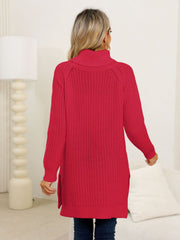 Deep Red ribbed knit turtleneck tunic with side slits and long sleeves.