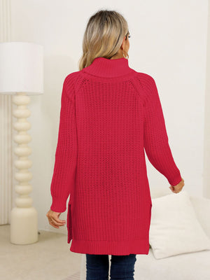 Deep Red ribbed knit turtleneck tunic with side slits and long sleeves.