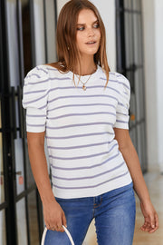Puff sleeve knit top with horizontal stripes in white and light purple, crew neck, short sleeves.