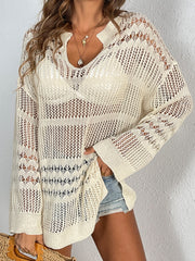 Open-knit slouchy cover-up in tan with a V-neck and long sleeves, perfect for beachwear.