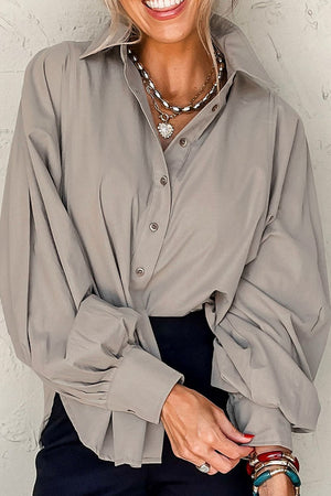 Light Gray balloon sleeve button-down blouse with a collared neckline.