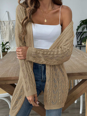 Khaki openwork diamond knit duster cardigan with long sleeves and open front.