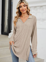 Dusty pink ribbed knit collared tunic with slit hem and long sleeves.