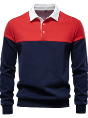 Colorblock rugby shirt with contrast white collar, red and navy blue panels, and button placket.